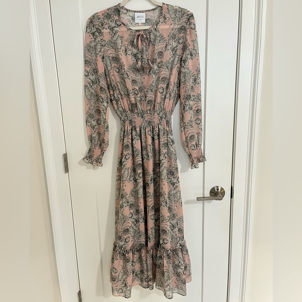 MISA Pink Midi Long Sleeve Dress